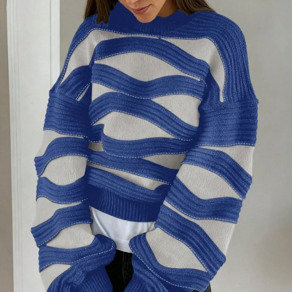Dark Blue Casual Women's Wavy Striped Long Sleeve Sweater